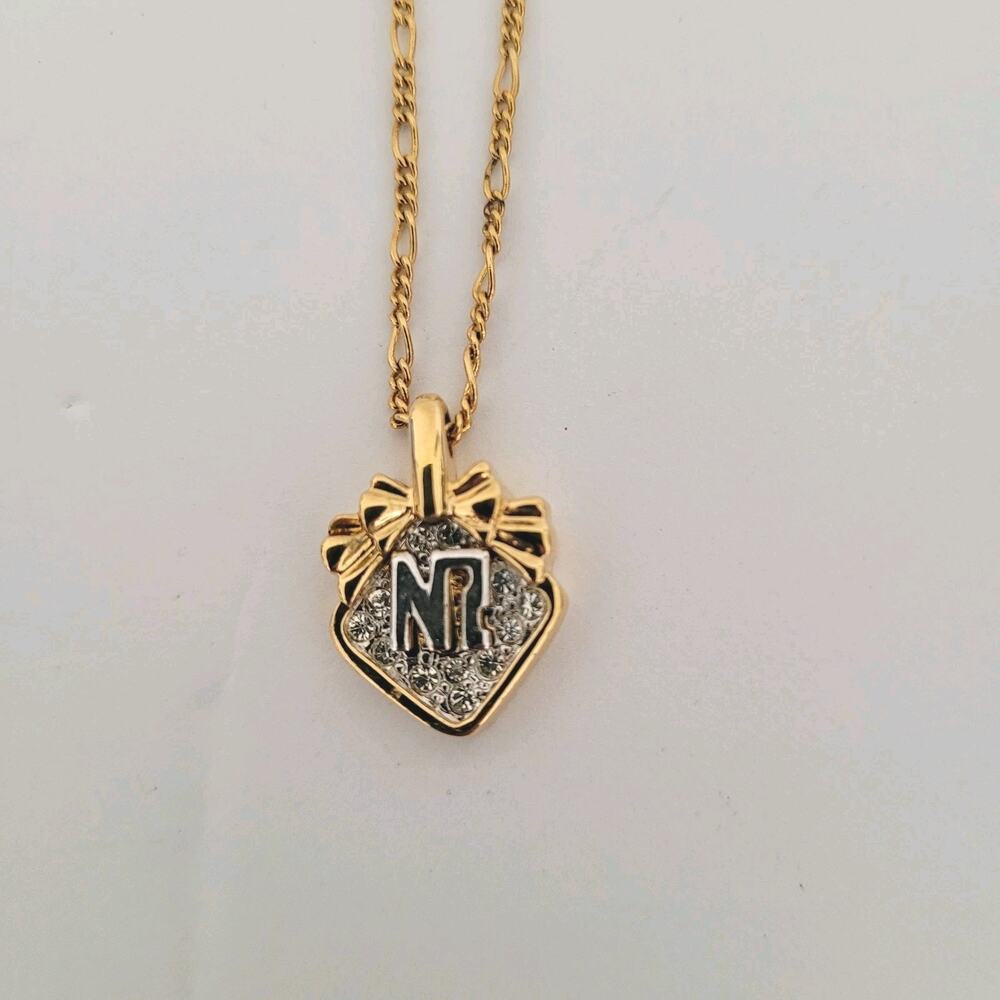 Vintage Nina Ricci NR Bow Pendant Necklace 14”+ 2 Gold Tone Chocker Chain